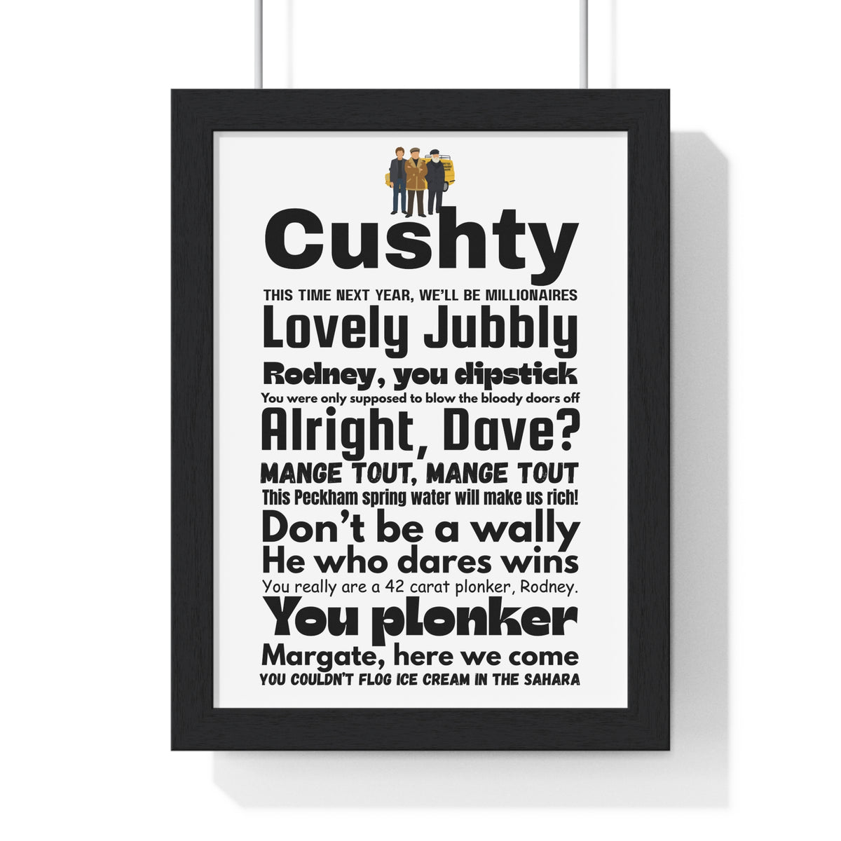 Only Fools and Horses word cloud quotes print framed on a wall - unofficial fan art by Poster Kingz