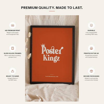 Poster Kingz premium quality: 180gsm lustre paper, archival inks, 18mm matt black frame with perspex front, printed in the UK