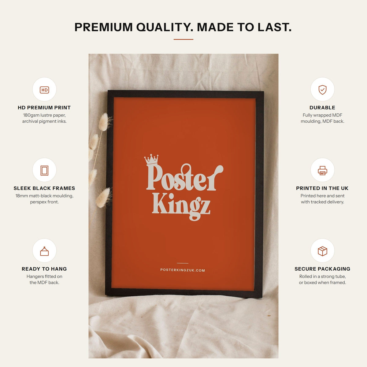 Poster Kingz premium quality: 180gsm lustre paper, archival inks, 18mm matt black frame with perspex front, printed in the UK