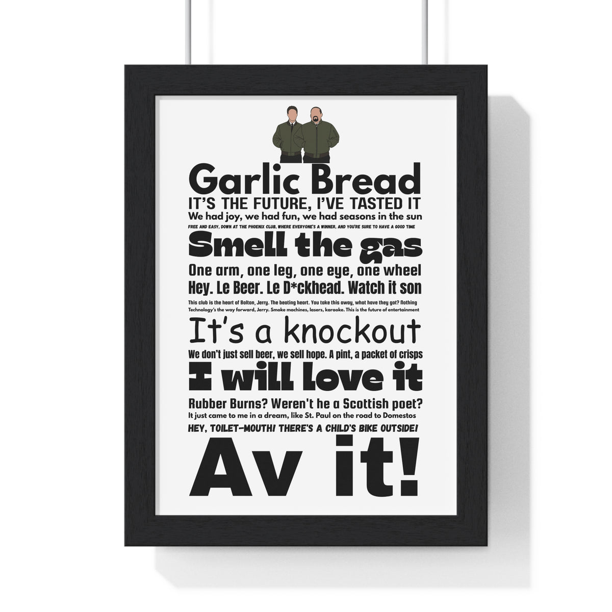 Phoenix Nights word cloud quotes print framed on a wall - unofficial fan art by Poster Kingz