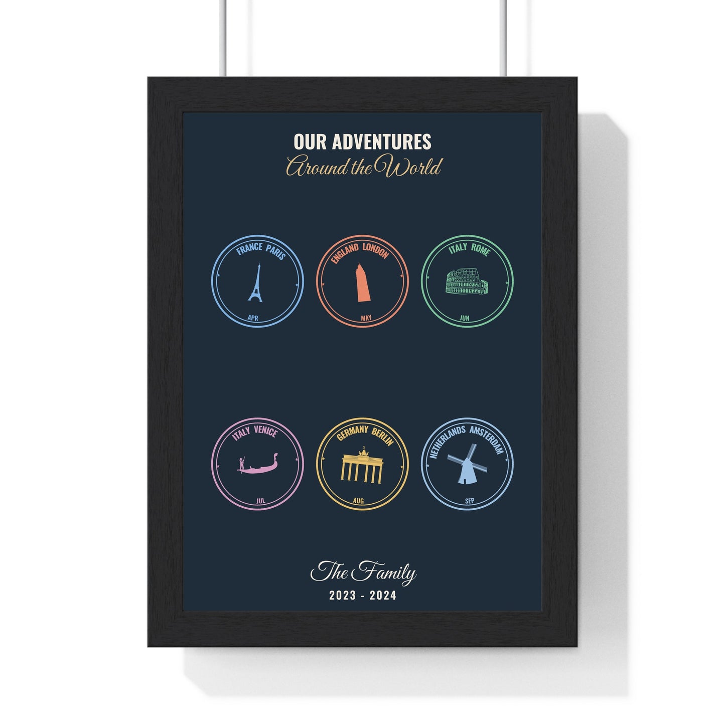 Navy personalised passport stamp poster with custom travel destinations