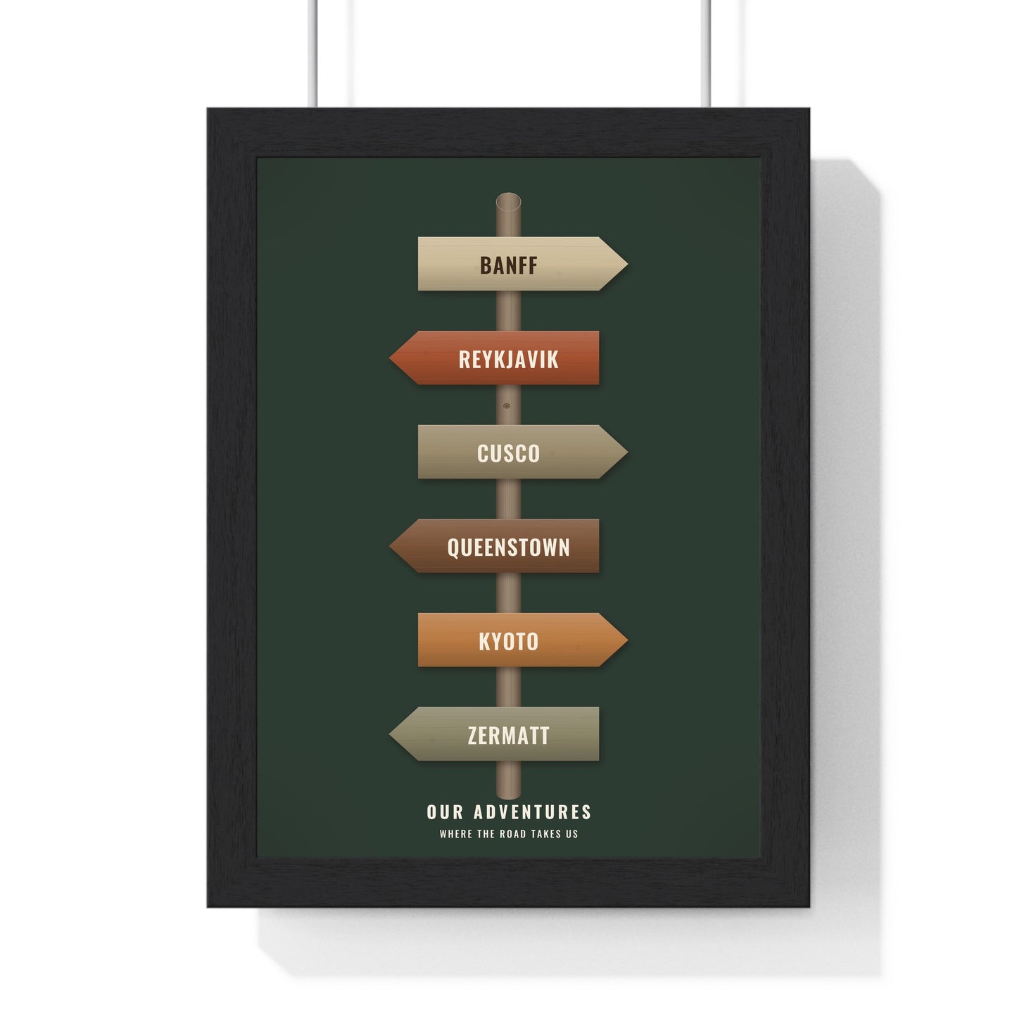 Forest green custom travel signpost print with personalised destinations