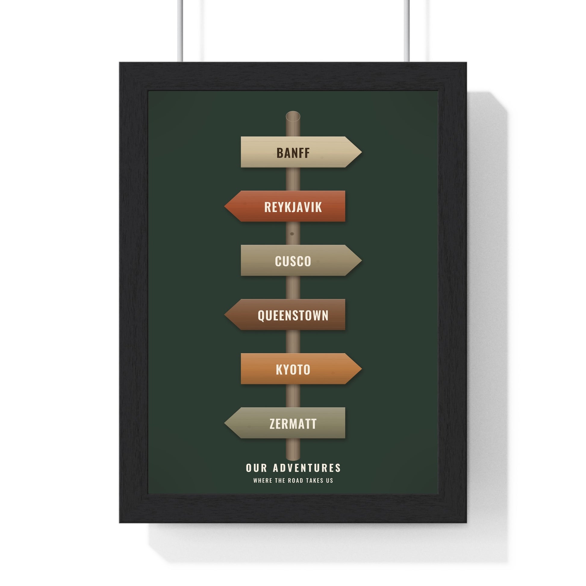 Forest green custom travel signpost print with personalised destinations
