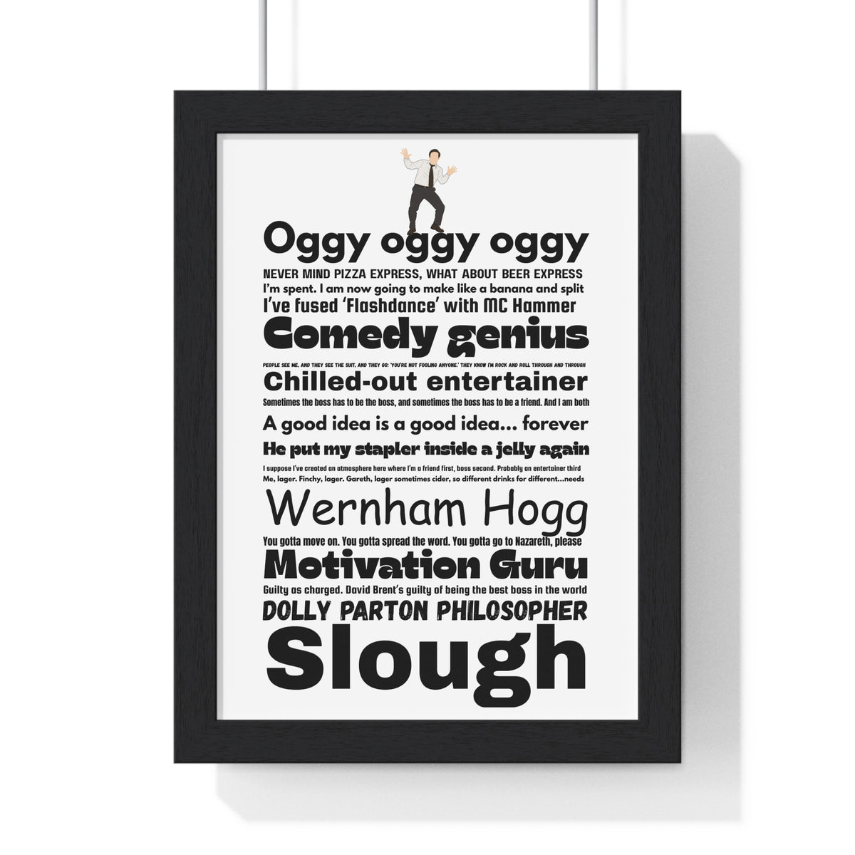 The Office (UK) word cloud quotes print framed on a wall - unofficial fan art by Poster Kingz