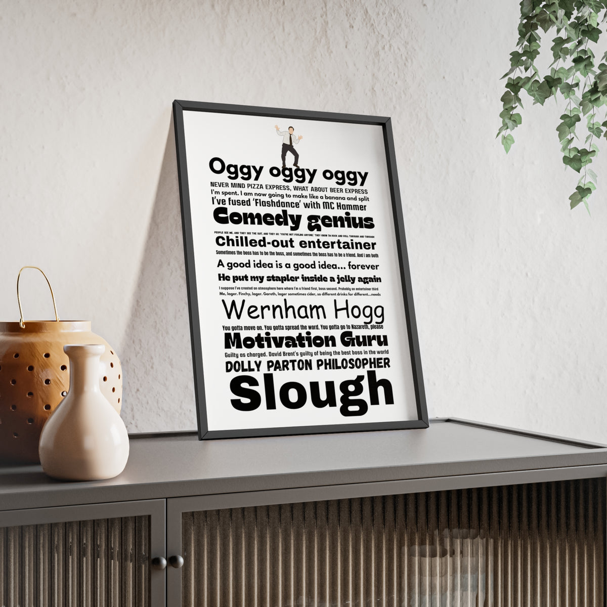 The Office (UK) word cloud quotes print framed on a wall - unofficial fan art by Poster Kingz