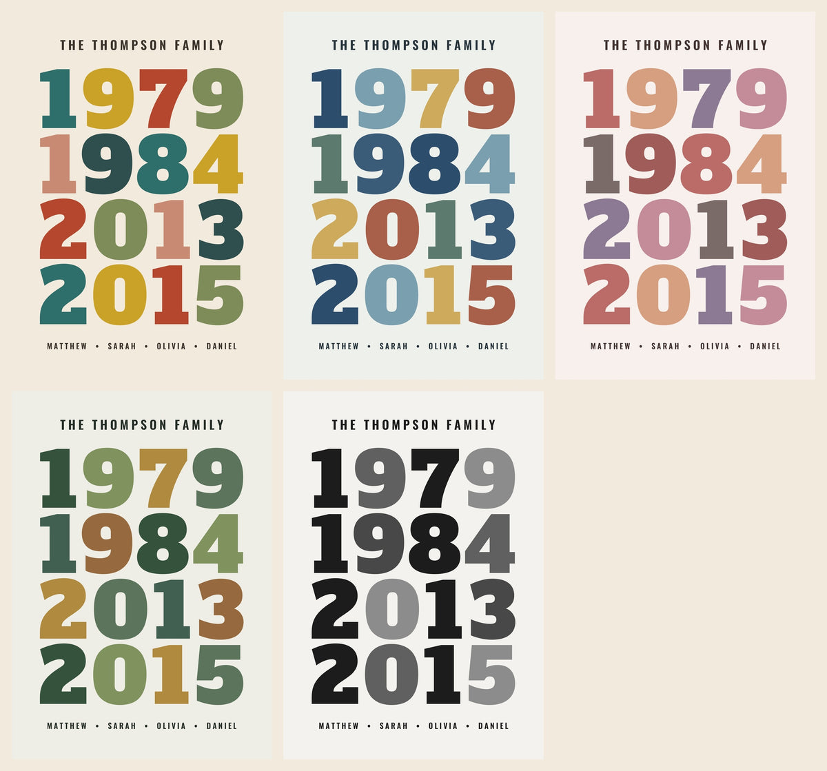 Five colourways - retro, coastal blue, blush, forest green, monochrome