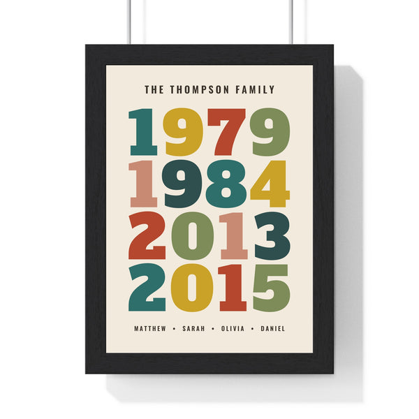 Personalised Family Years retro print in a black frame