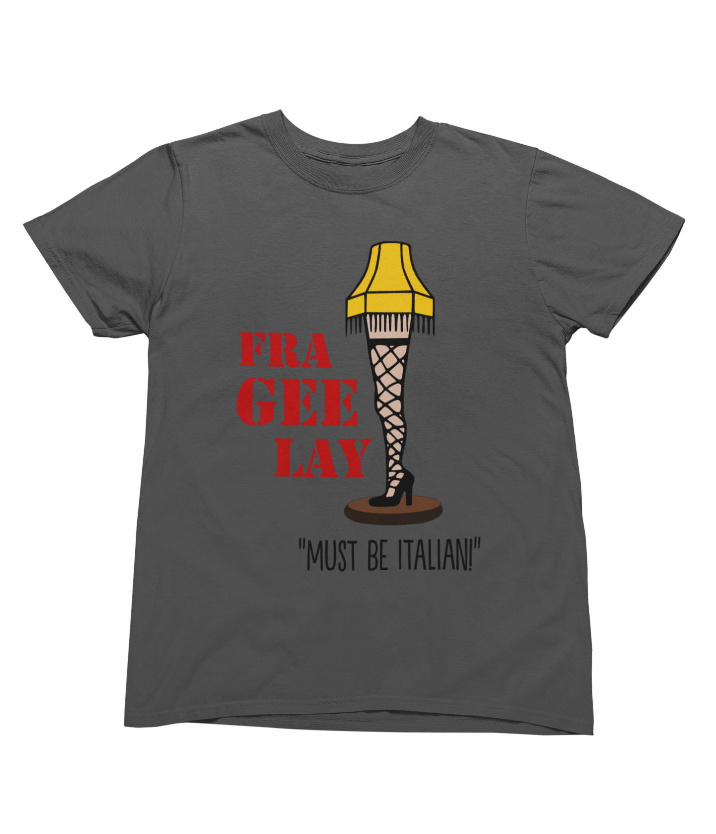 Red t-shirt with A Christmas Story Fragile Fra Gee Lay Sweatshirt Xmas Movie wall display