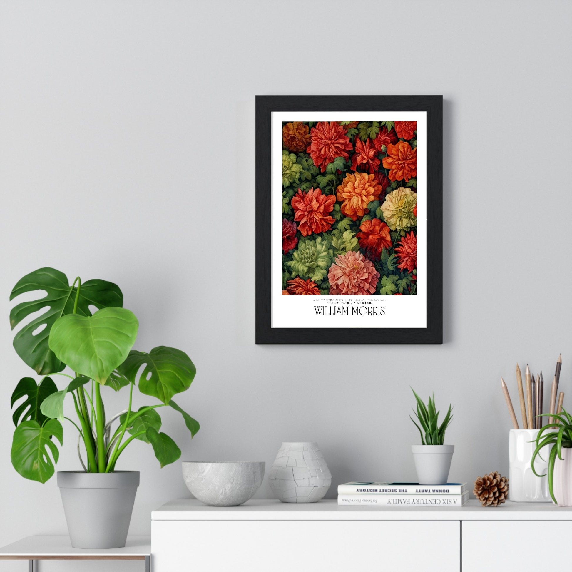 11x14-15 framed poster displayed on living room wall above furniture