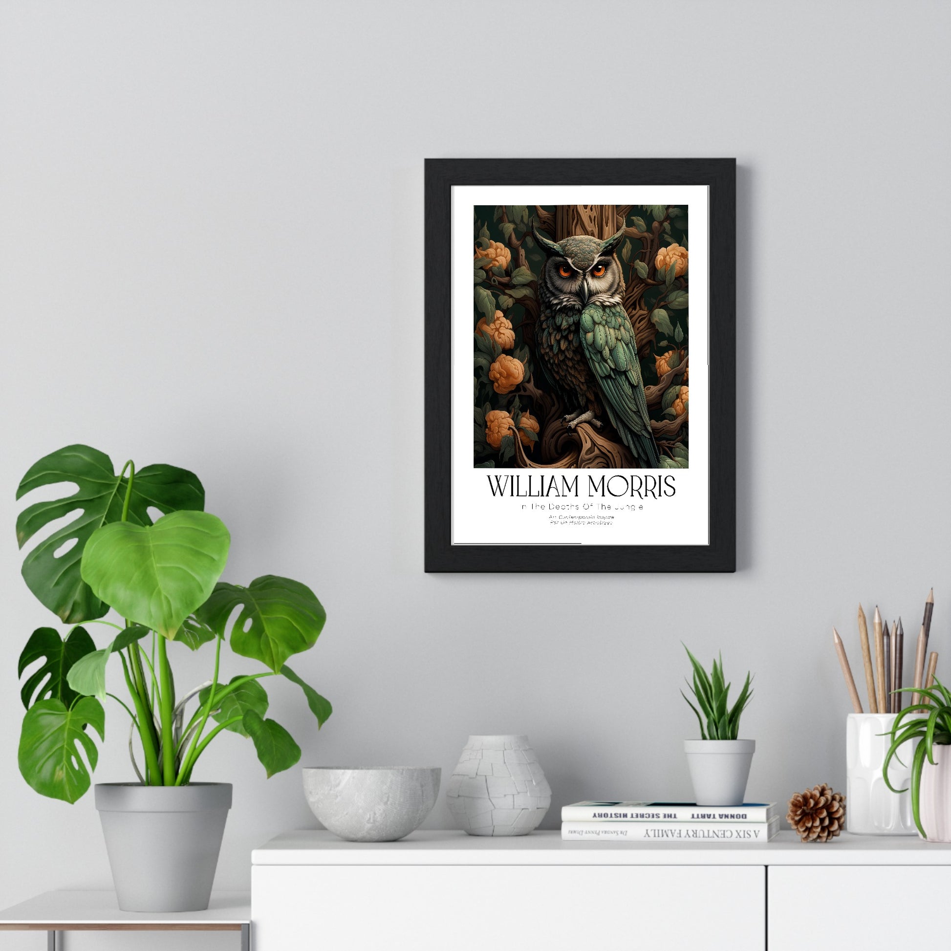 11x14-05 framed poster displayed on living room wall, modern interior styling