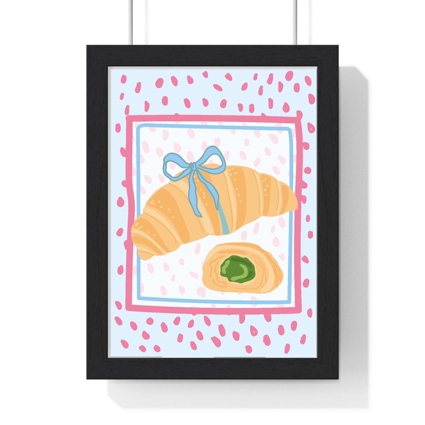 Croissant with Matcha poster framed in black wood with artwork visible inside