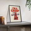 Framed poster with text 'I'm a creep, I'm a weirdo' on a shelf with decorative items.