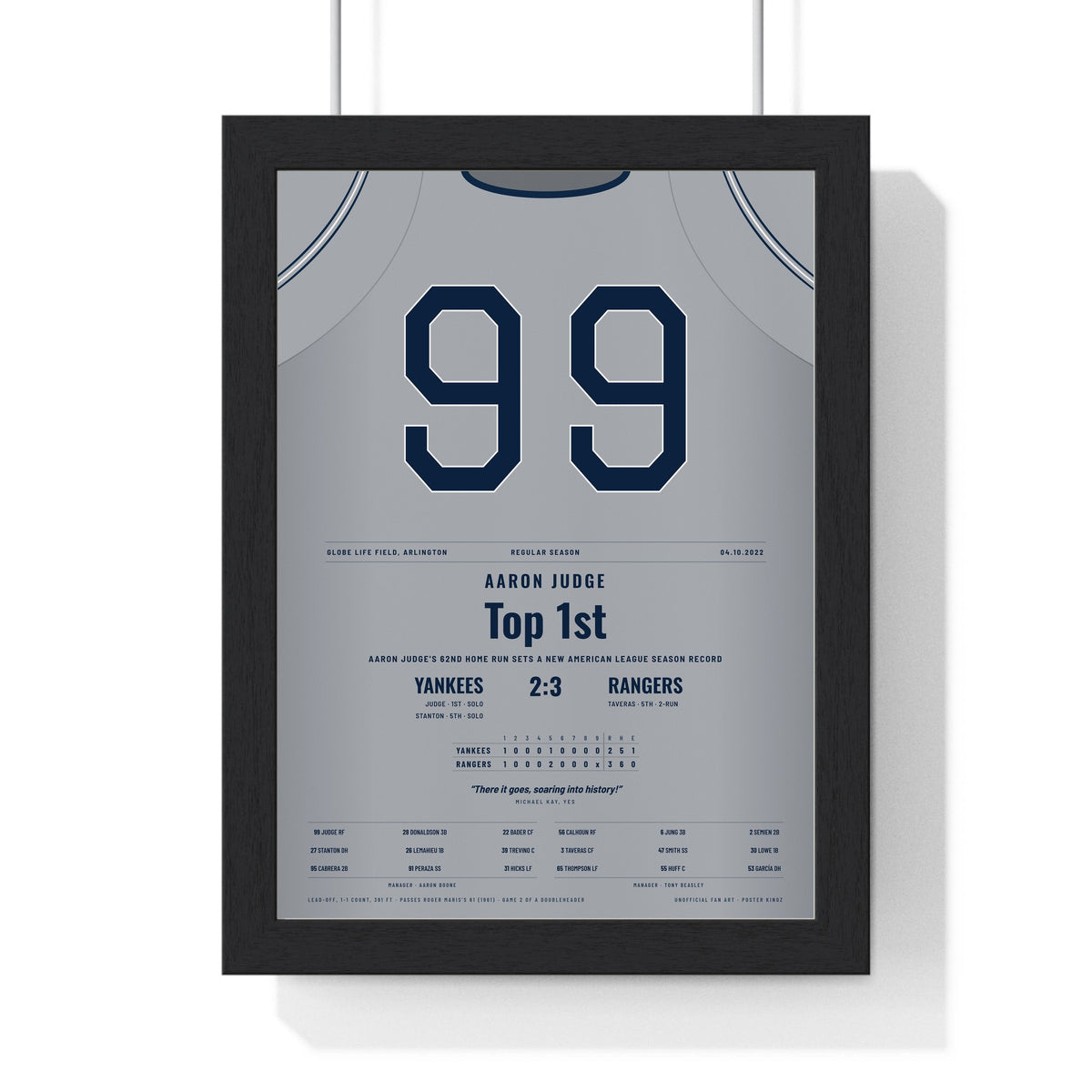 Aaron Judge 2022 62nd Home Run Poster - New York Yankees 99 Jersey Print framed in a black frame, ready to hang