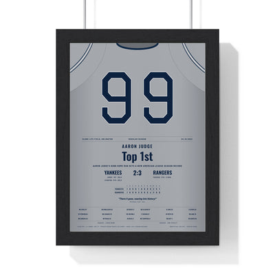 Aaron Judge 2022 62nd Home Run Poster - New York Yankees 99 Jersey Print framed in a black frame, ready to hang