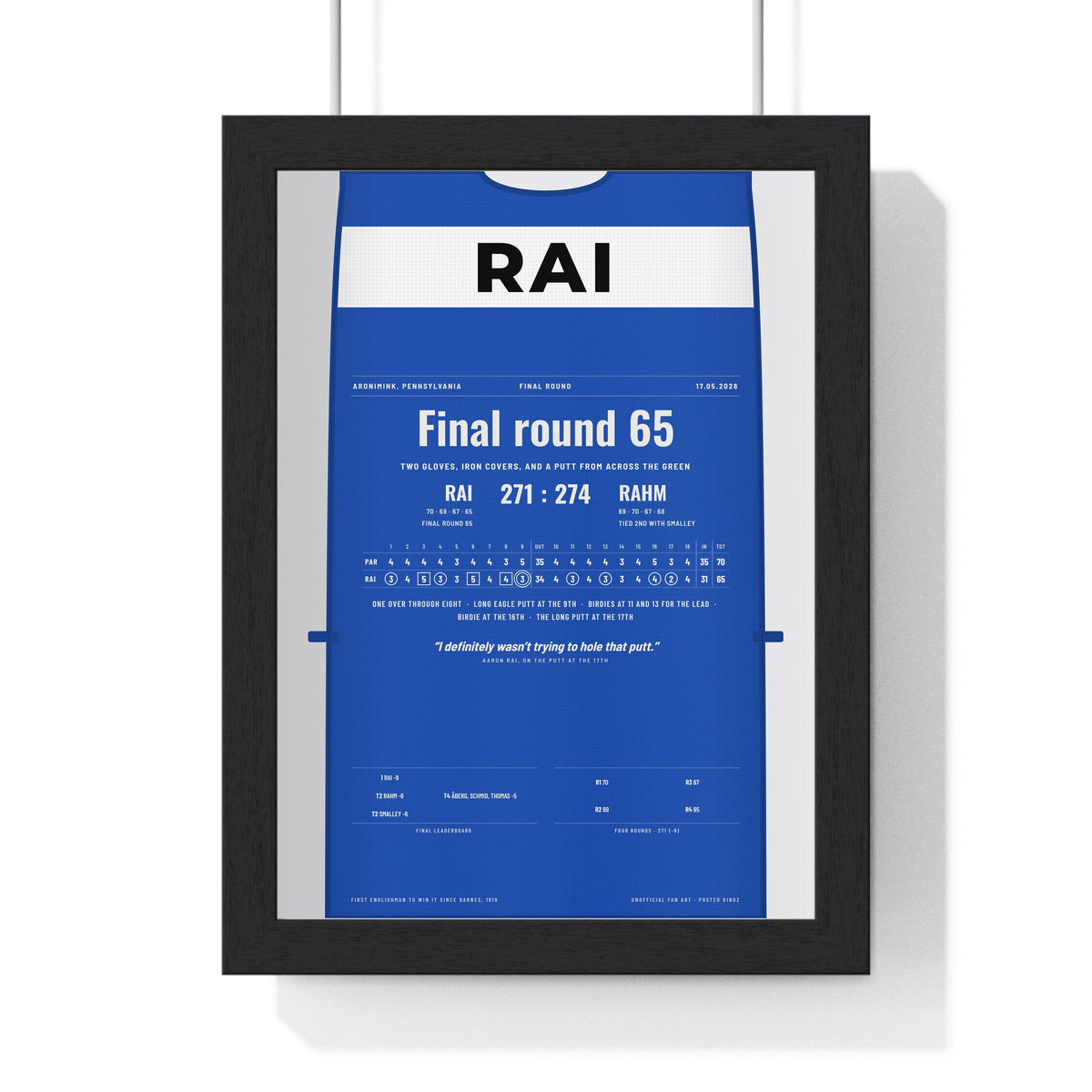 Aaron Rai Aronimink 2026 Golf Poster - Caddie Bib Final Round 65 Print framed in a black frame, ready to hang