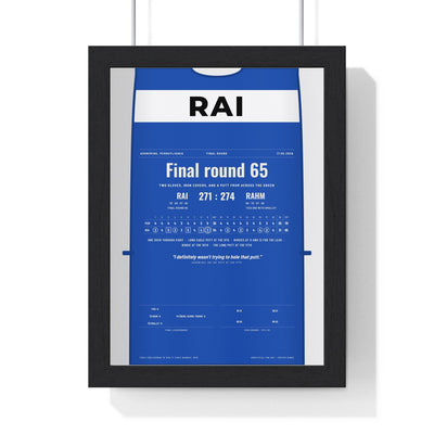 Aaron Rai Aronimink 2026 Golf Poster - Caddie Bib Final Round 65 Print framed in a black frame, ready to hang