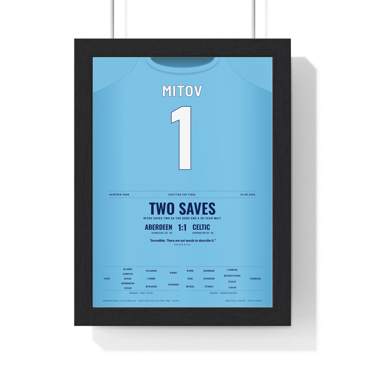 Aberdeen Scottish Cup Final 2025 Poster - Dimitar Mitov 1 Hampden Shirt Print framed in a black frame, ready to hang