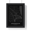 Aberdeen street map poster in black, minimal city map print framed in a black frame