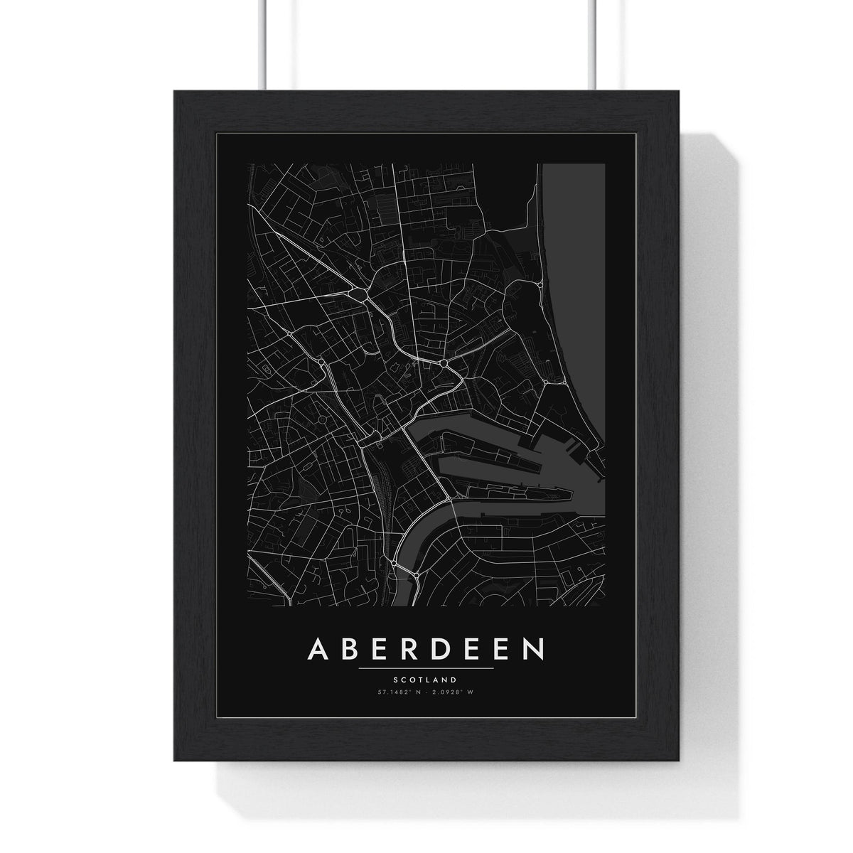 Aberdeen street map poster in black, minimal city map print framed in a black frame