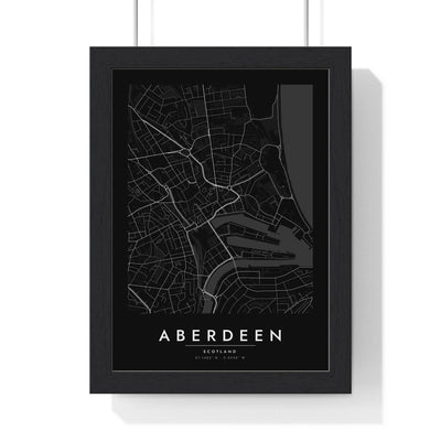 Aberdeen street map poster in black, minimal city map print framed in a black frame