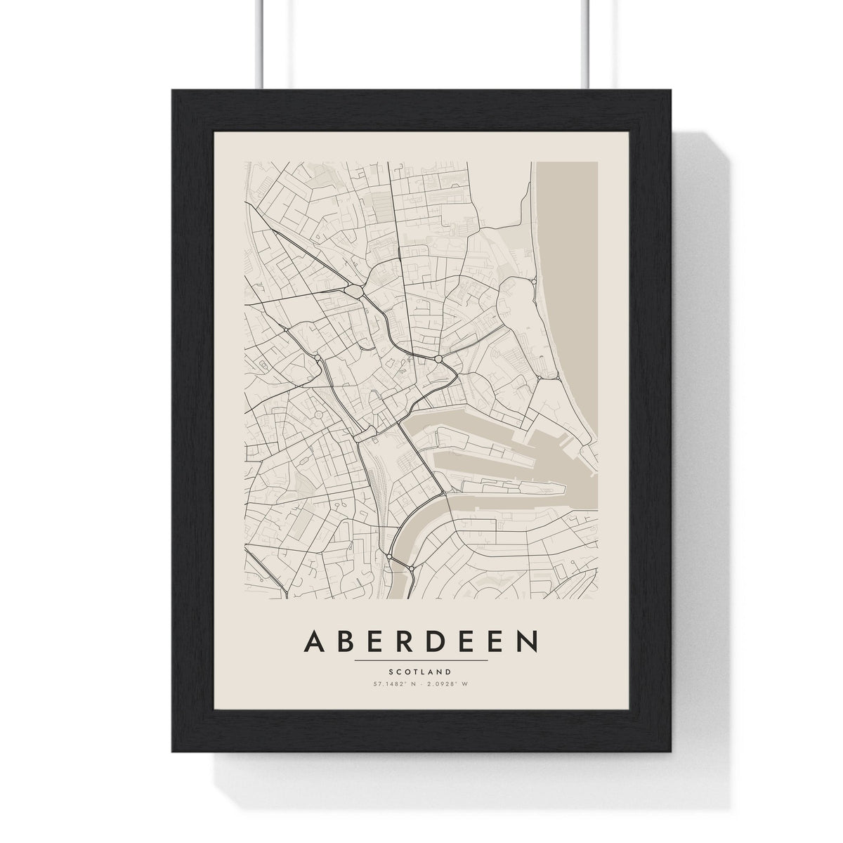 Aberdeen street map poster in cream, minimal city map print framed in a black frame