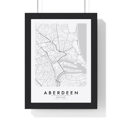 Aberdeen street map poster in white, minimal city map print framed in a black frame