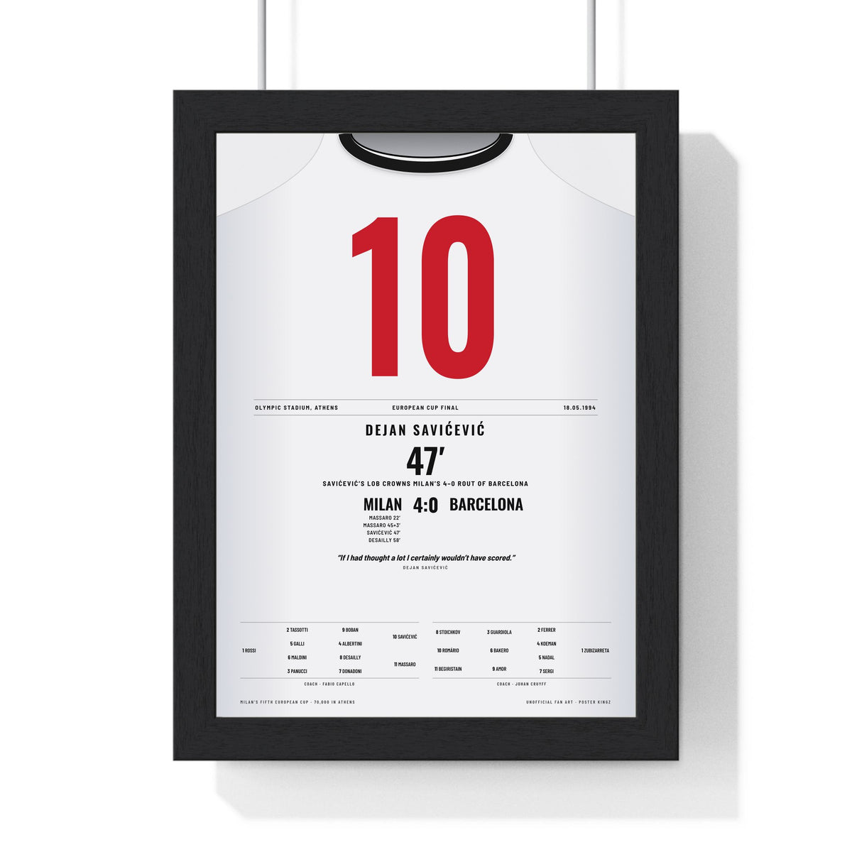 AC Milan Champions League Final 1994 Poster - Dejan Savićević 10 Lob v Barcelona Shirt Print framed in a black frame, ready to hang