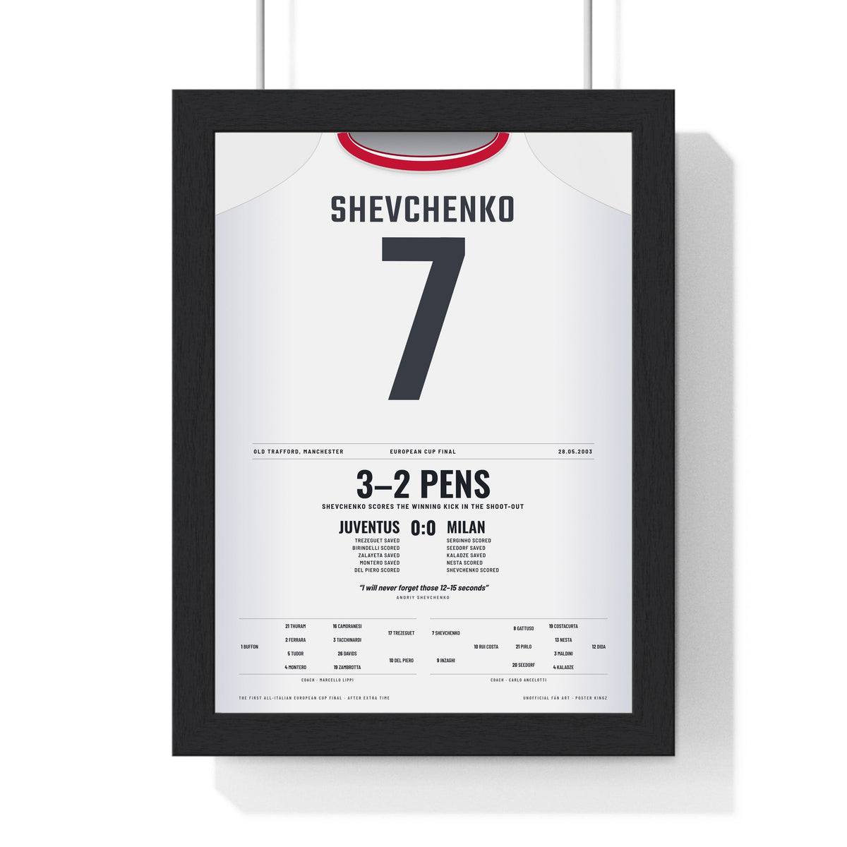 AC Milan Champions League Final 2003 Poster - Andriy Shevchenko 7 Winning Penalty Old Trafford Shirt Print framed in a black frame, ready to hang