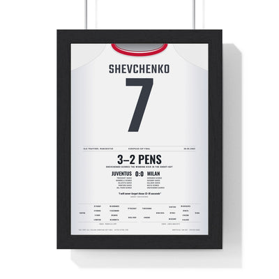 AC Milan Champions League Final 2003 Poster - Andriy Shevchenko 7 Winning Penalty Old Trafford Shirt Print framed in a black frame, ready to hang