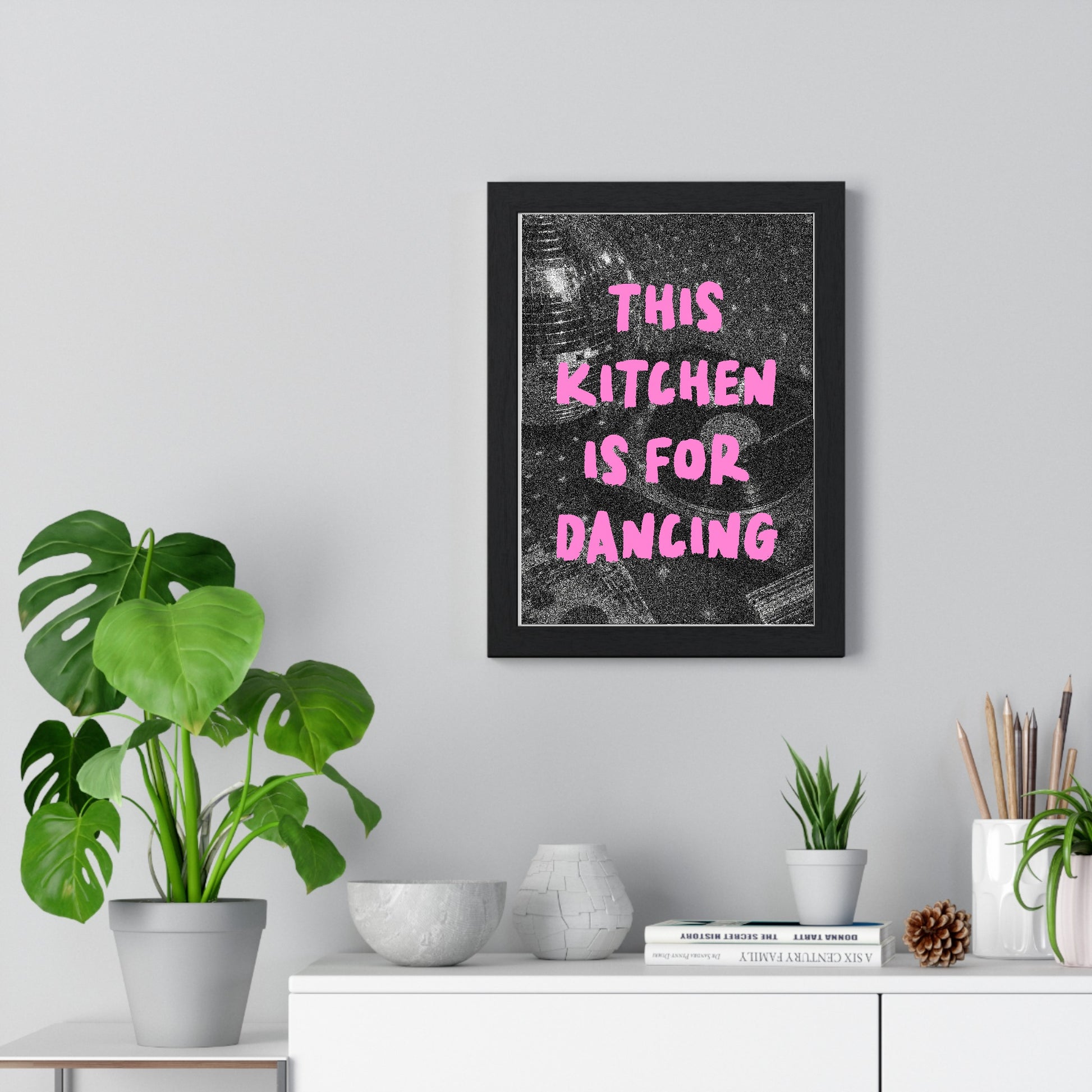 Vinyl records poster framed on living room wall above furniture
