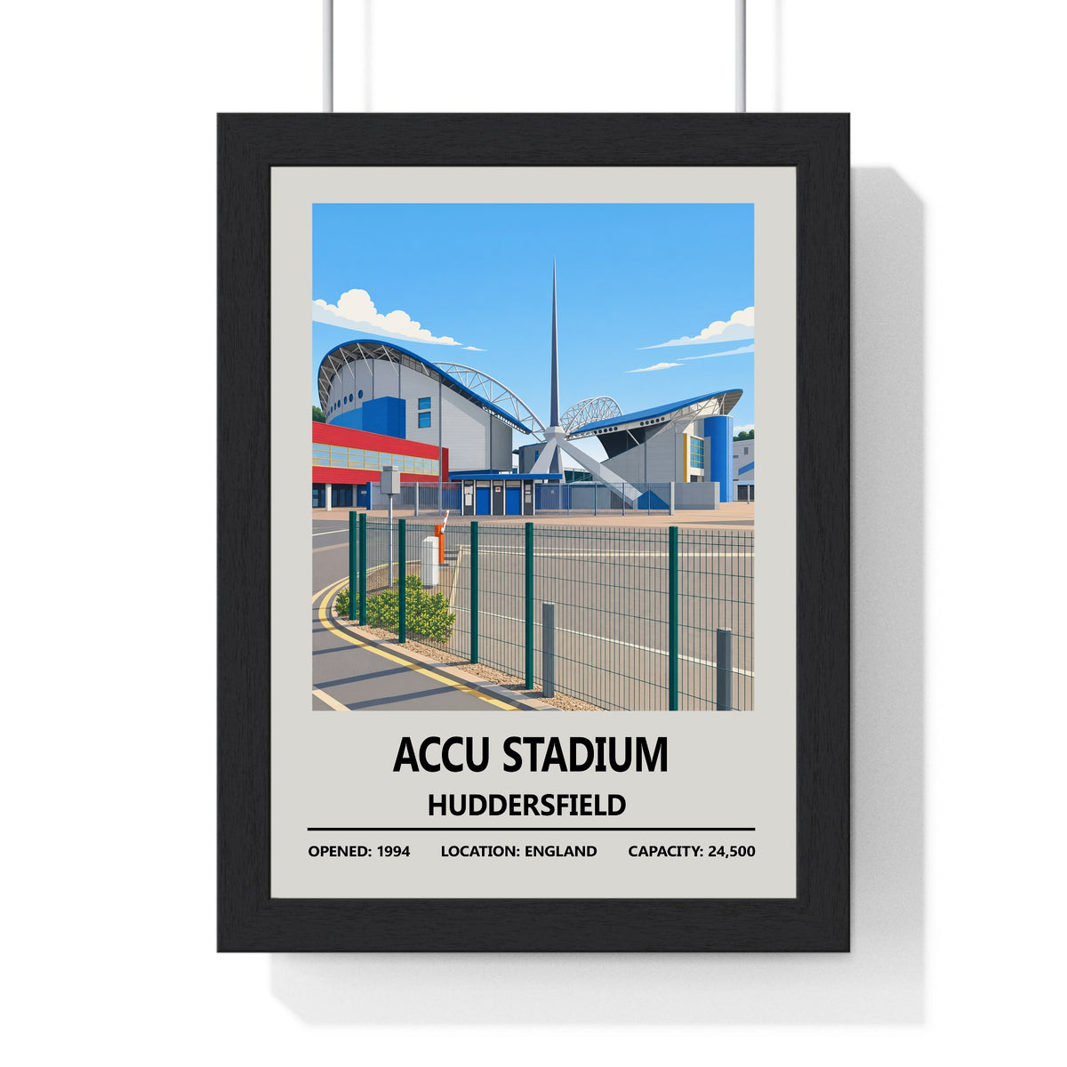 Accu Stadium Huddersfield Town print framed in a black frame, ready to hang