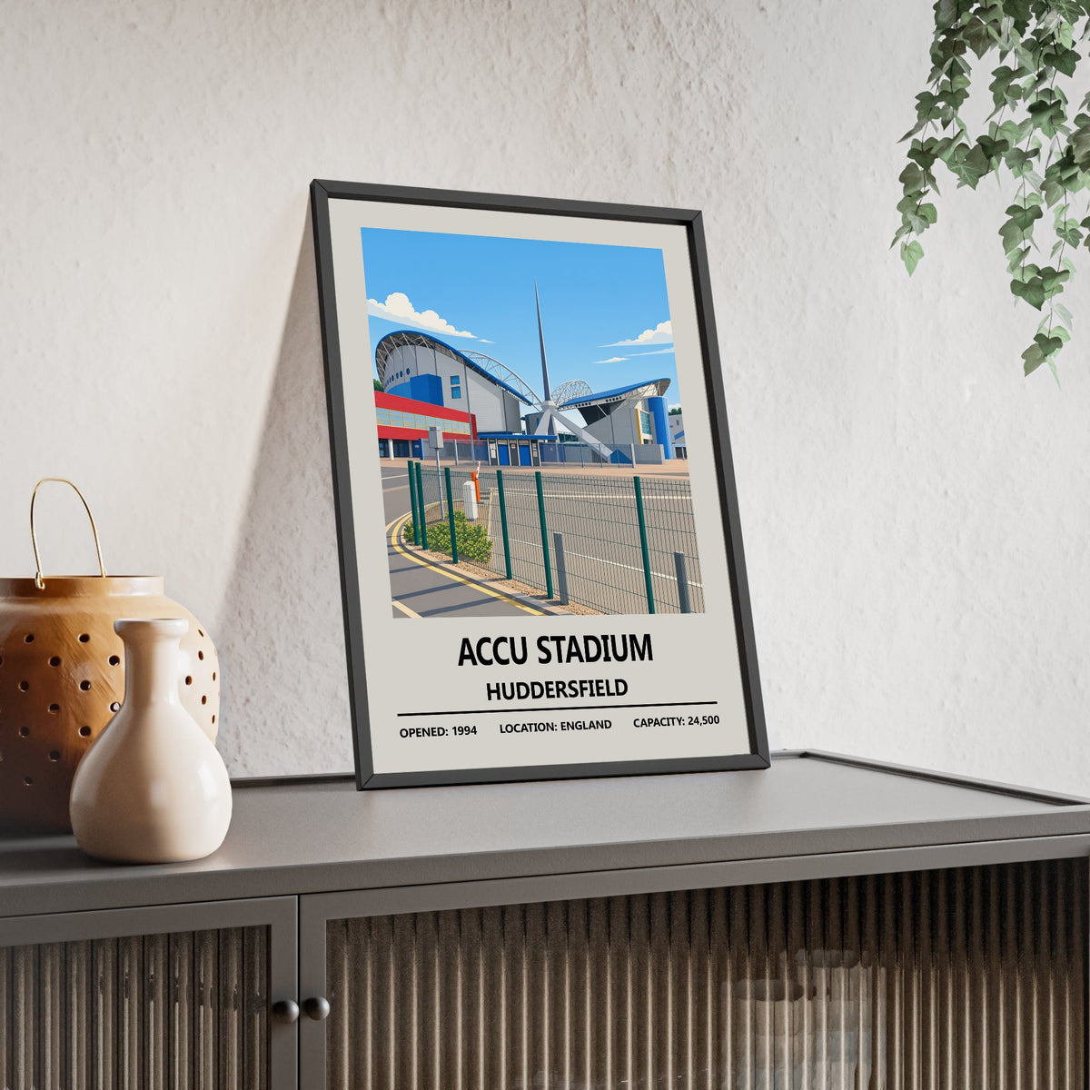 Accu Stadium Huddersfield Town print framed and leaning on a sideboard