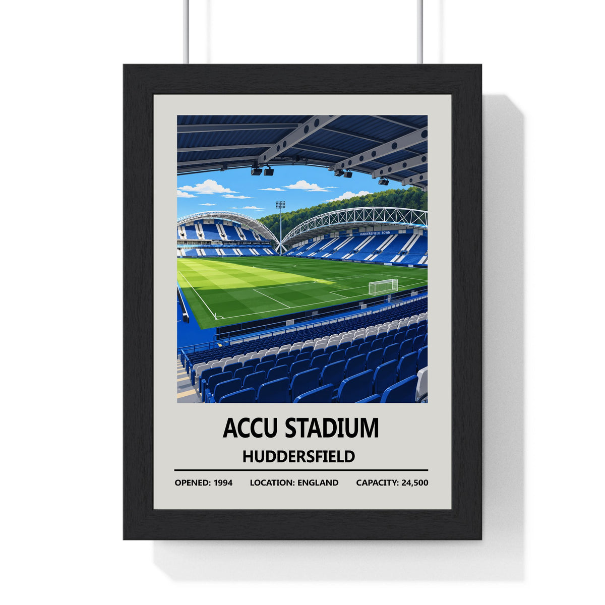 Huddersfield Town Accu Stadium print framed in a black frame, ready to hang