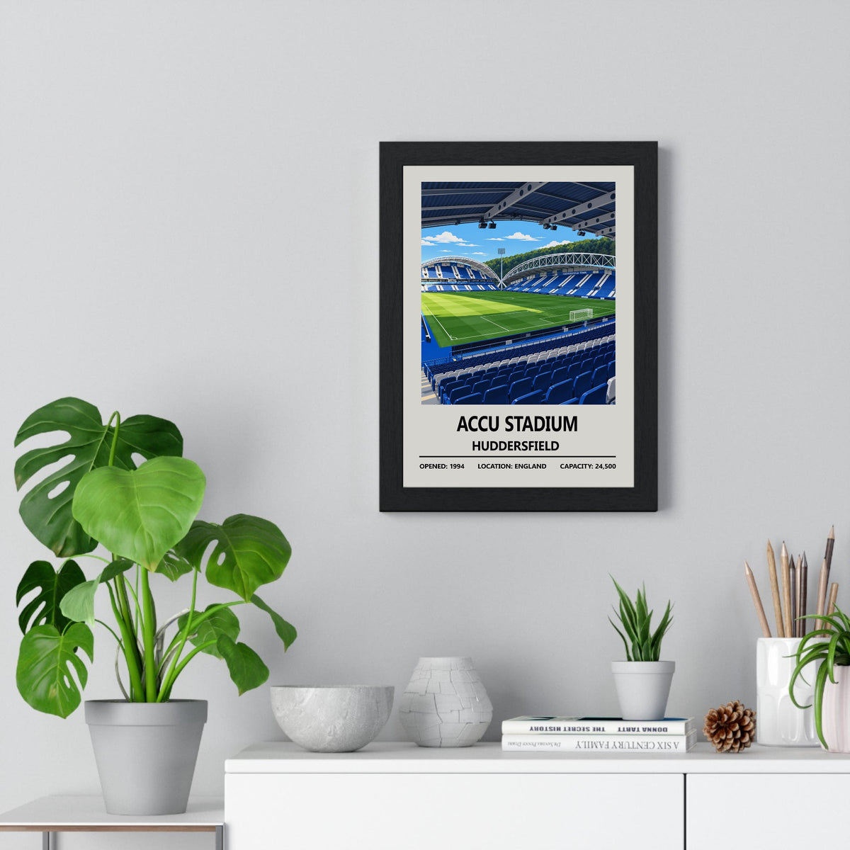 Huddersfield Town Accu Stadium print framed on a living room wall