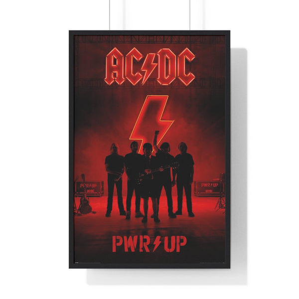AC/DC Power Up album artwork maxi poster showing glowing logo and lightning bolt on red background
