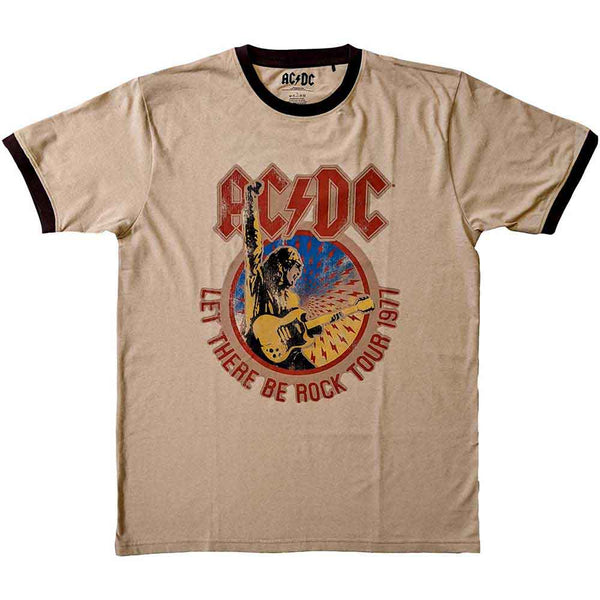 AC/DC Let There Be Rock Tour 77 official sand ringer t-shirt front print with Angus Young