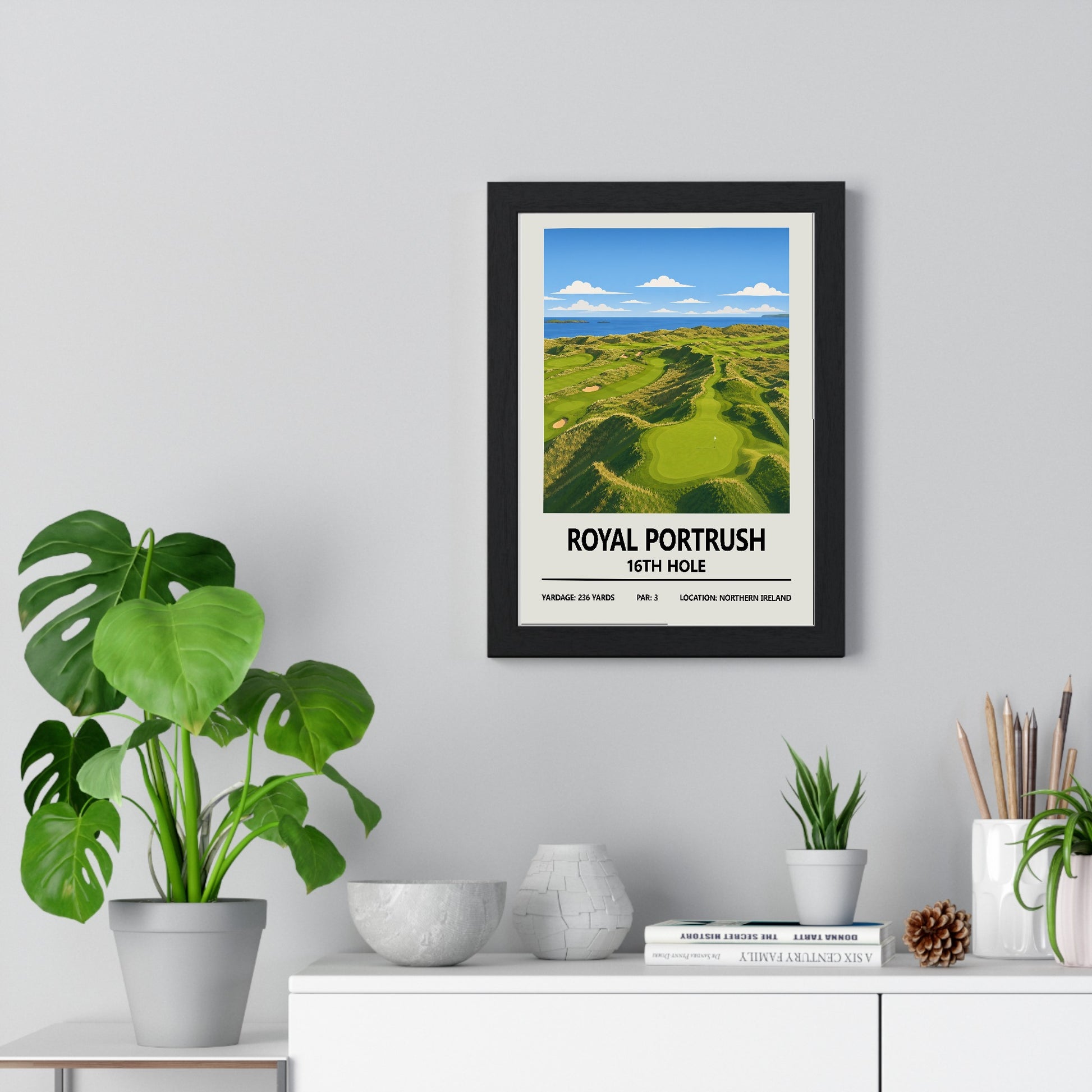 Royal Portrush golf course poster framed on a living room wall