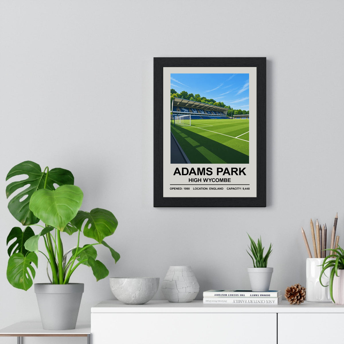 Wycombe Wanderers Adams Park print framed on a living room wall