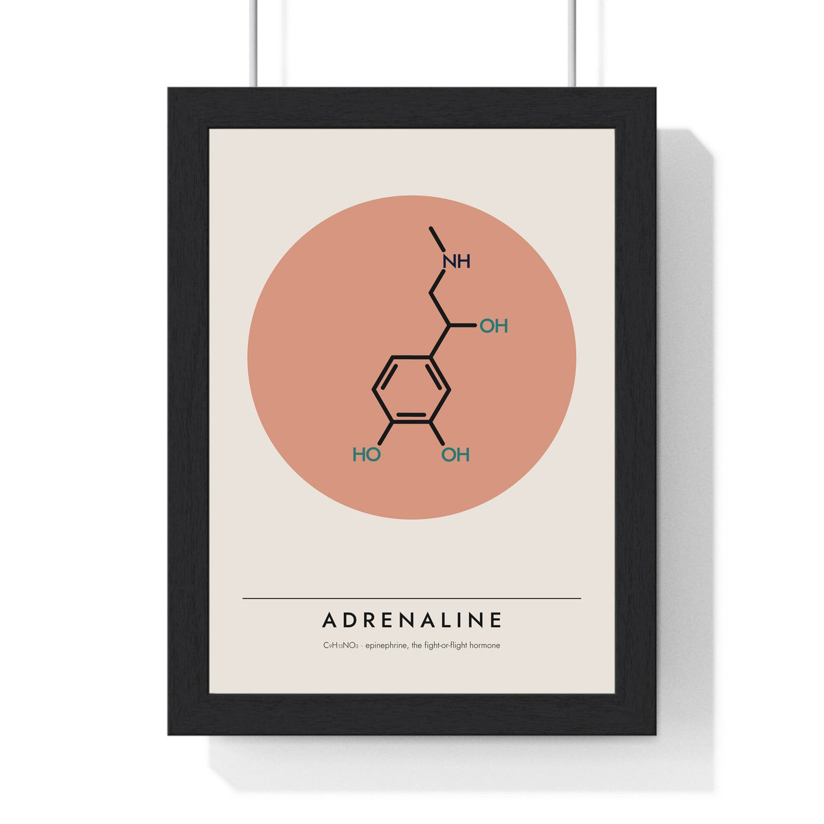 Adrenaline Molecule print framed in a black frame, ready to hang