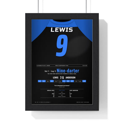 Adrian Lewis World Darts Final 2011 Darts Poster - Nine-Darter v Anderson Shirt Print framed in a black frame, ready to hang