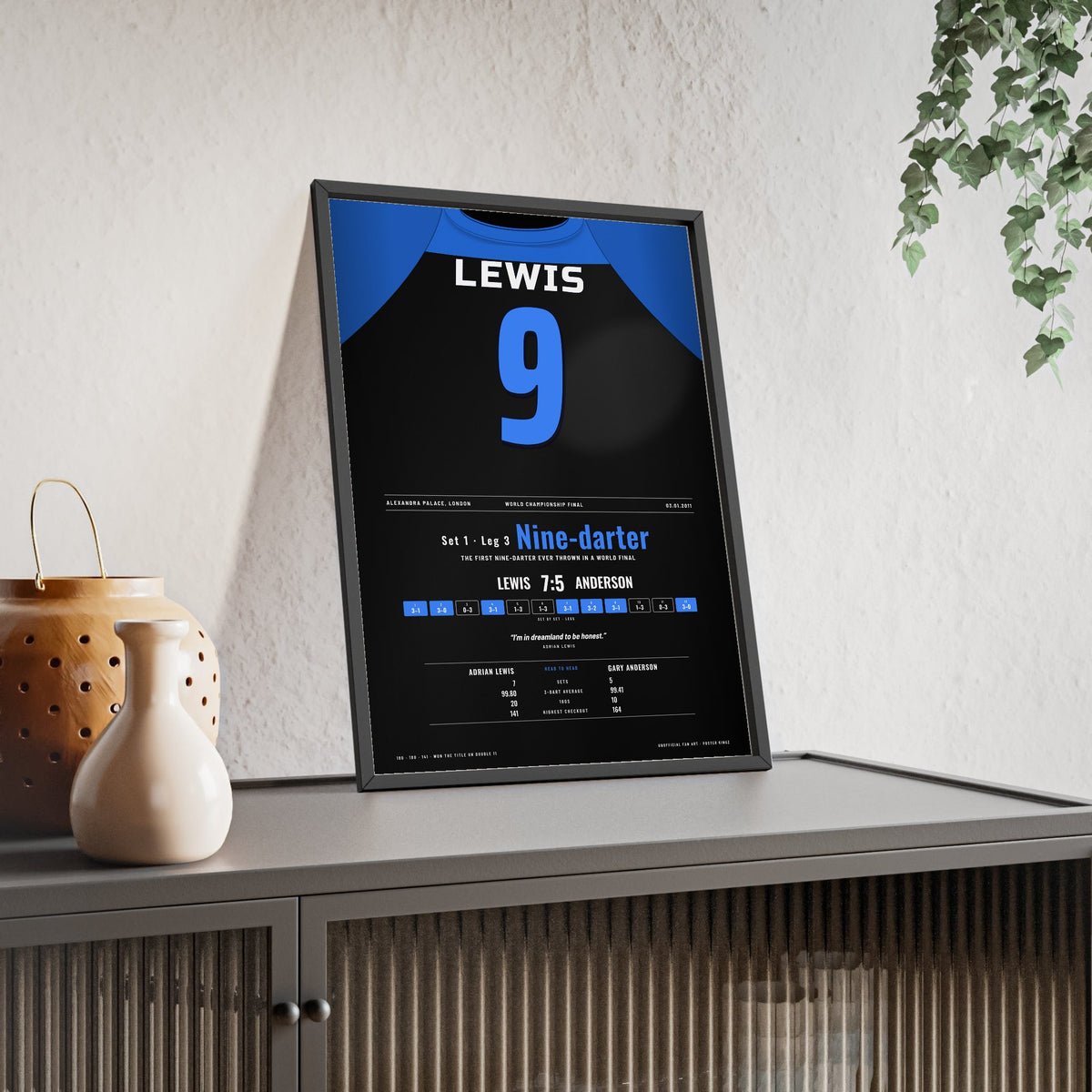 Adrian Lewis World Darts Final 2011 Darts Poster - Nine-Darter v Anderson Shirt Print framed and leaning on a sideboard