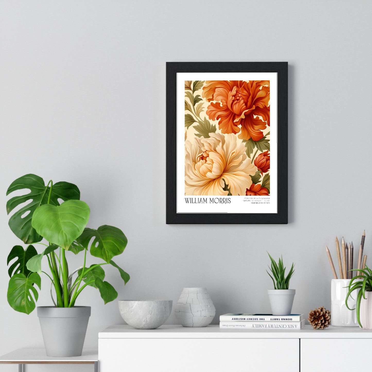 11x14-18 framed poster displayed on living room wall above furniture