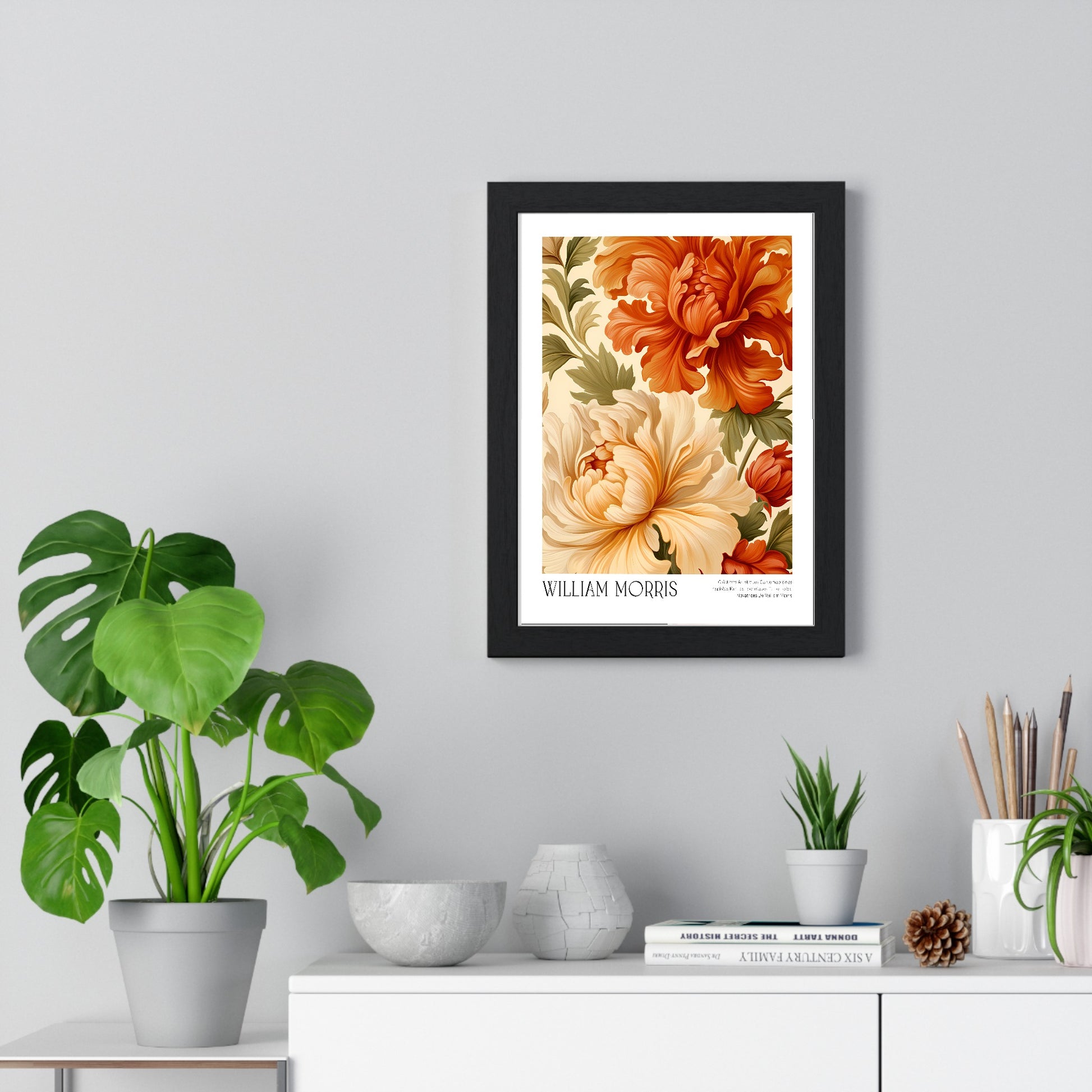 11x14-18 framed poster displayed on living room wall above furniture