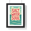 Salt Water Soul beach typography print framed in black wood with turquoise ocean and cream sky design
