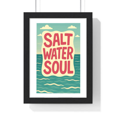 Salt Water Soul beach typography print framed in black wood with turquoise ocean and cream sky design
