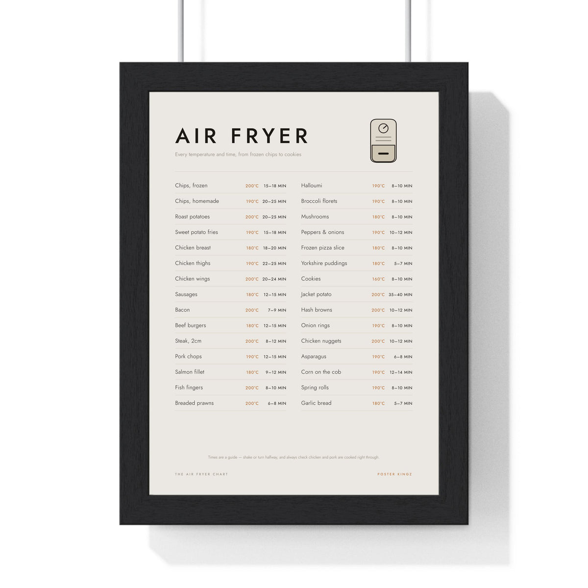Air Fryer Cooking Times print framed in a black frame, ready to hang