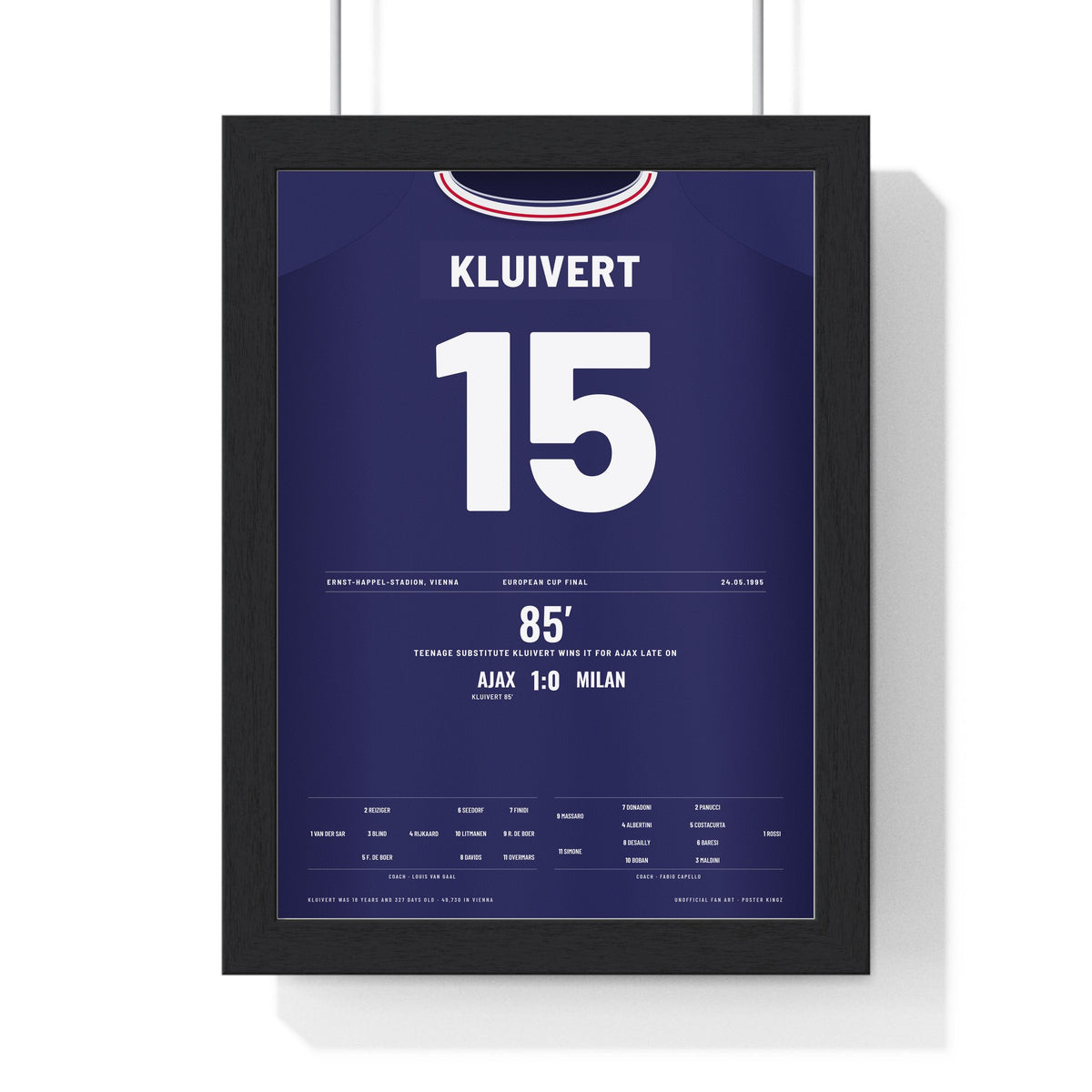 Ajax Champions League Final 1995 Poster - Patrick Kluivert 15 Winner v Milan Shirt Print framed in a black frame, ready to hang