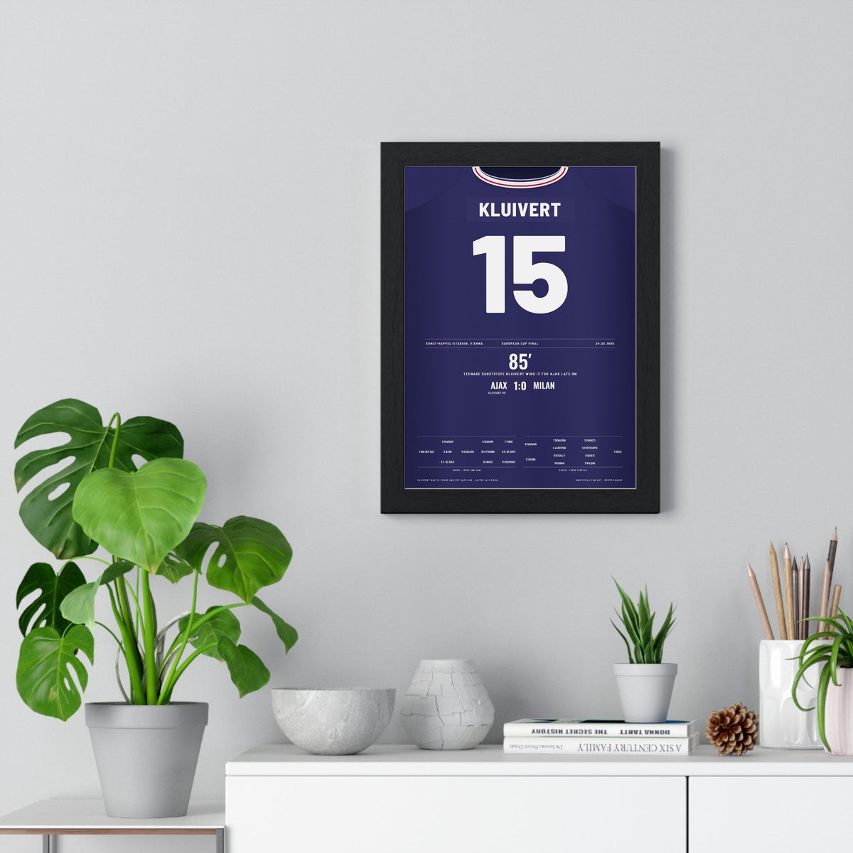 Ajax Champions League Final 1995 Poster - Patrick Kluivert 15 Winner v Milan Shirt Print framed on a living room wall