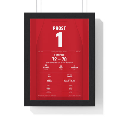 Alain Prost 1986 Australian Grand Prix Win and World Title Poster - 1 Race Suit Print framed in a black frame, ready to hang
