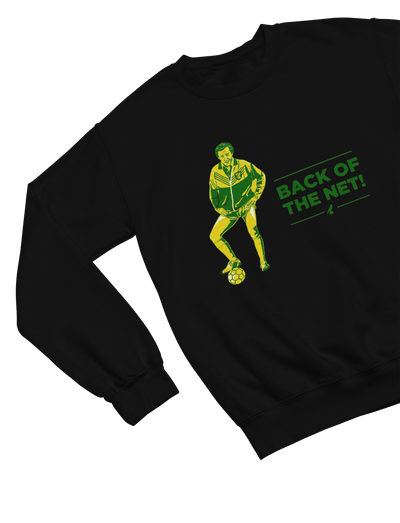 Black t-shirt with Alan Partridge Back of the Net & Sweatshirt Parody front view